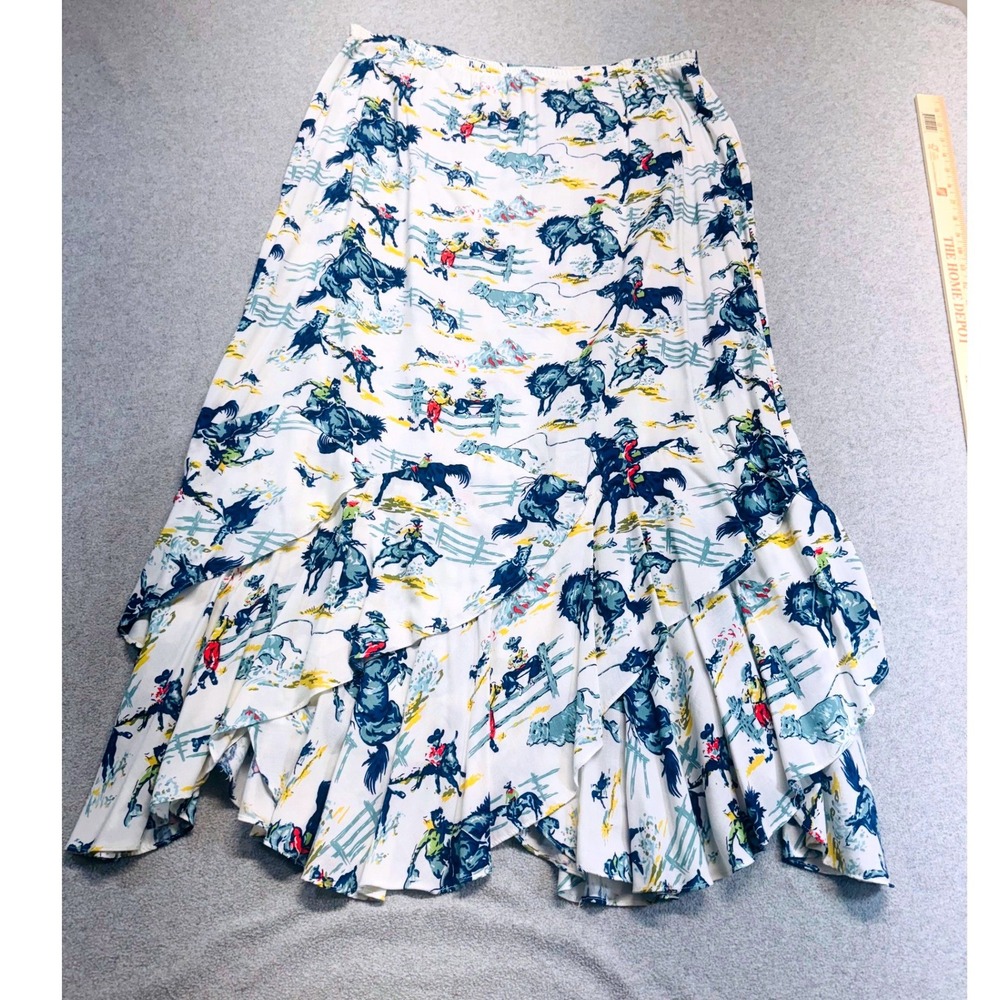 Ranch Dressing XL Western Rodeo Horse Cowboy Print Ruffle Hem Midi Skirt Flowy